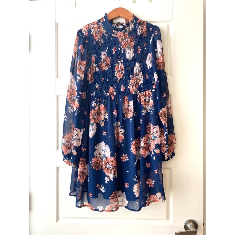 As U Wish Womens Navy Blue‎ Floral Smocked Long Sleeve Ruffle Neck Dress Small